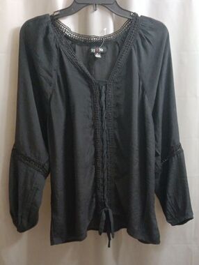 Iky & Me Black Boho Tie-Front Peasant Top
